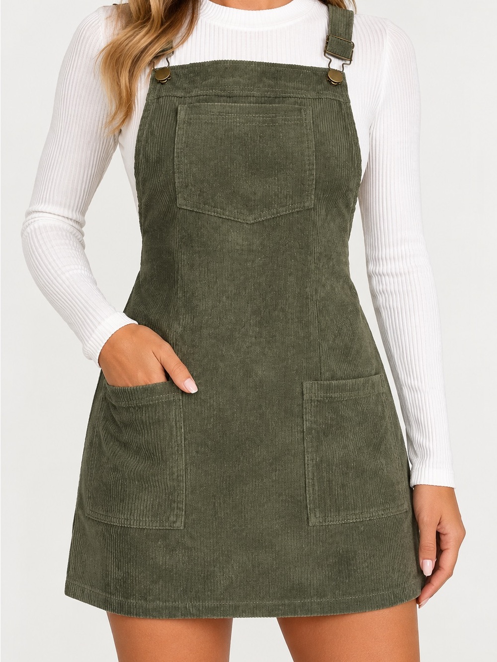 CUPSHE Olive Green Corduroy Overall Pinafore Dress Adjustable Straps